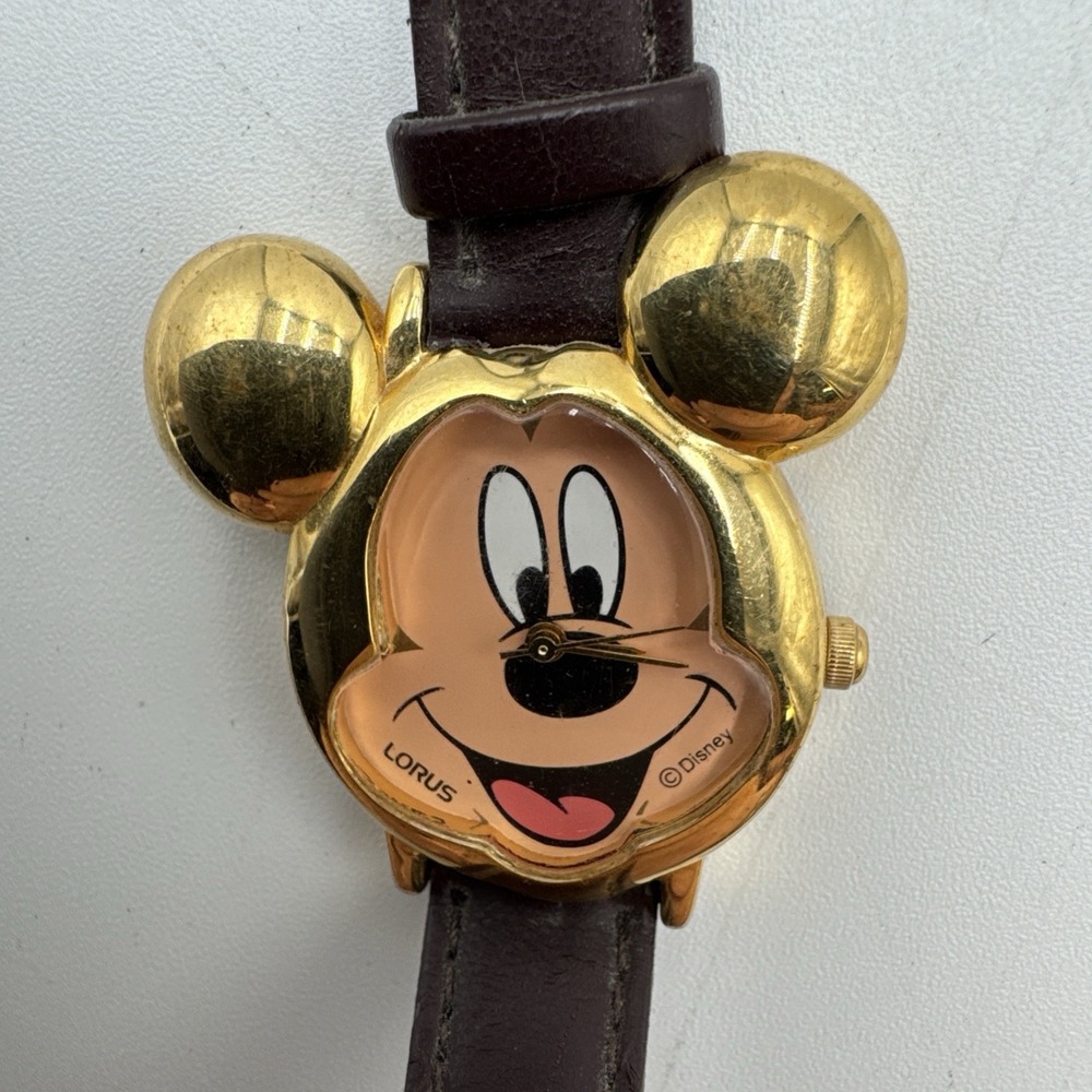 VTG LORUS Goldtone MICKEY MOUSE watch Lotus Brown Faux Leather Peeling Untested
